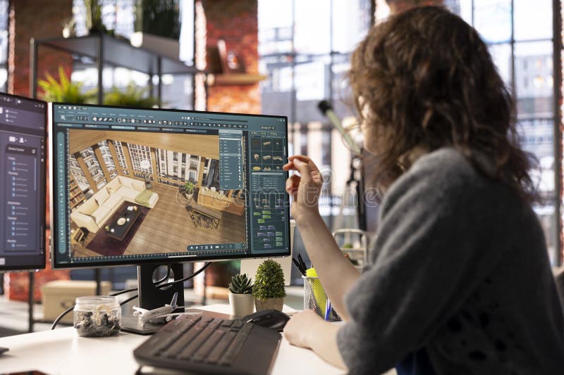 Profesioniștii în design local utilizează software arhitectural pentru a elabora un plan de pardoseală stock photos