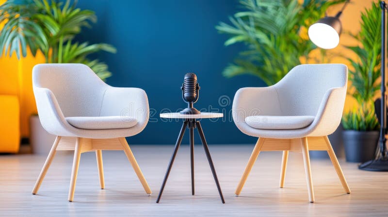 Profesjonalna konfiguracja studia podcastu z dwoma wewnętrznymi fotelami mikrofonowymi, małymi lampami stołowymi i obrazy stock