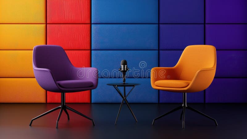 Profesjonalna konfiguracja studia podcastu z dwoma wewnętrznymi fotelami mikrofonowymi, małymi lampami stołowymi i obraz royalty free