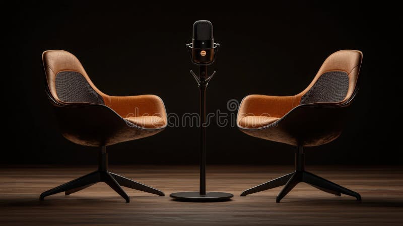 Profesjonalne nagrywanie podcast studio dark setup z dwoma wewnętrznymi fotelami mikrofonowymi i małymi lampami stołowymi zdjęcie royalty free