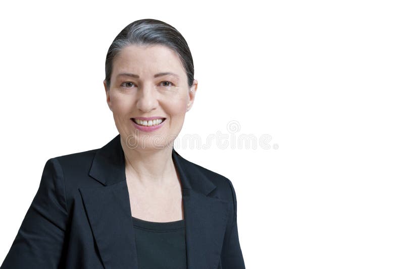 Friendly smiling middle aged woman in a black blazer isolated on white background, professor, teacher, translator, lawyer, attorney, accountant or businesswoman. Friendly smiling middle aged woman in a black blazer isolated on white background, professor, teacher, translator, lawyer, attorney, accountant or businesswoman