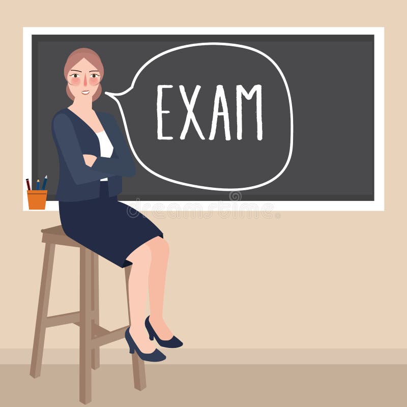 Professeur s'asseyant devant l'examen d'écriture de classe dans le tableau noir illustration libre de droits Professeur s'asseyant devant l'examen d'écriture de classe dans le tableau noir illustration libre de droits