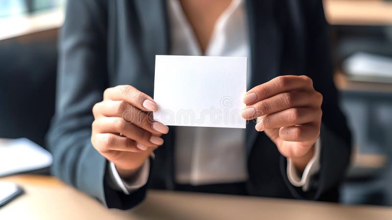 Professional African American Woman Holding Blank Card in Office Setting. Concept of Business Presentation, Identity stock photography