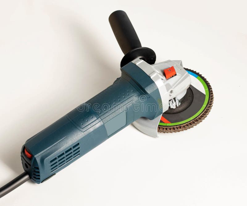 Professional Angle Grinder with Flap Wheel for Processing Wooden Surfaces. Construction Power