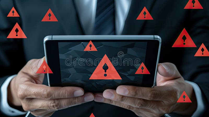 Un profesionist pare neliniștit în timp ce verifică un mesaj de avertizare pe telefonul său, înconjurat de ecrane de codificare în royalty free stock photo