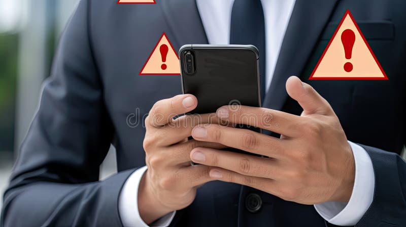 Un profesionist pare neliniștit în timp ce verifică un mesaj de avertizare pe telefonul său, înconjurat de ecrane de codificare în royalty free stock images