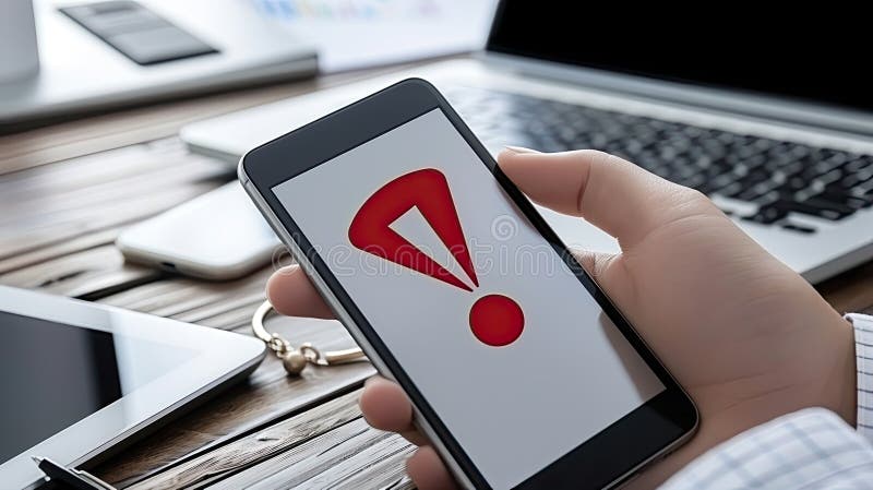 Un profesionist pare neliniștit în timp ce verifică un mesaj de avertizare pe telefonul său, înconjurat de ecrane de codificare în royalty free stock photo
