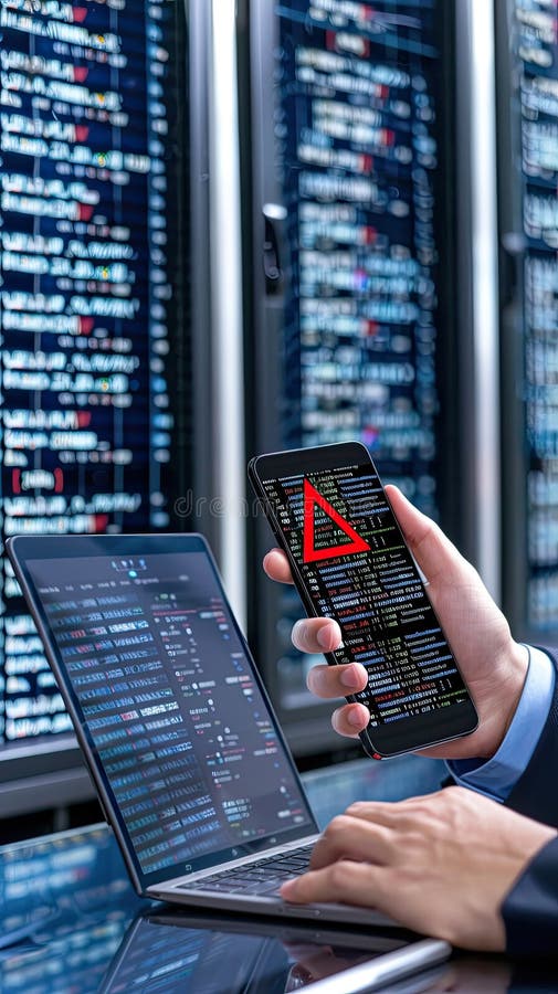 Un profesionist pare neliniștit în timp ce verifică un mesaj de avertizare pe telefonul său, înconjurat de ecrane de codificare în royalty free stock image
