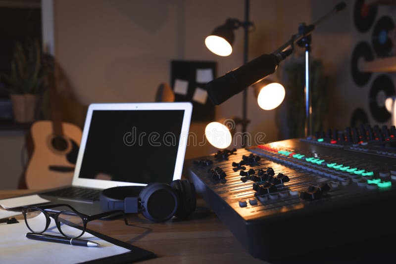 Professional Audio Equipment on Table in Modern Radio Studio Stock Image Image of