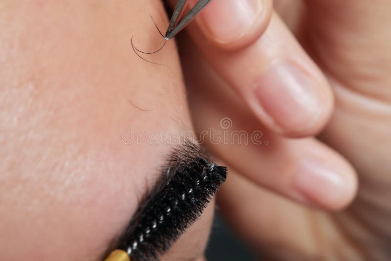 Professional barber doing threading procedure and correcting shape of eyebrows to young male client with tweezer in stock image
