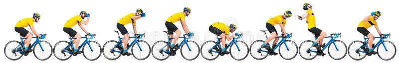Professional bicycle road racing cyclist racer set collection in yellow jersey on light weight blue carbon race cycle in various
