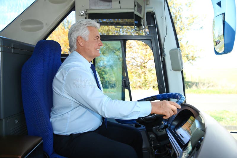 Professional Bus Driver at Steering Wheel Stock Image Image of