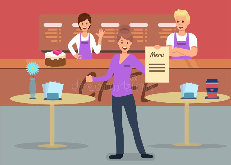 Professional Cafeteria Service Advertising Flat Banner Vector. Waitress Administrator Offers Menu at Food Court Friendly Barmen Stand by Bar Counter Great Decorating Interior Affable Staff Illustration. Professional Cafeteria Service Advertising Flat Banner Vector. Waitress Administrator Offers Menu at Food Court Friendly Barmen Stand by Bar Counter Great Decorating Interior Affable Staff Illustration