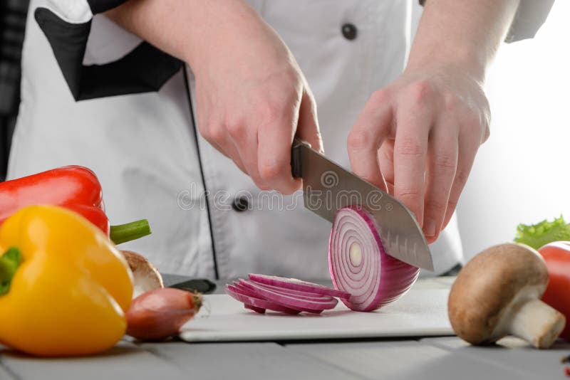 Professional Chef Cutting Red Onion Stock Photo - Image of flavor ...