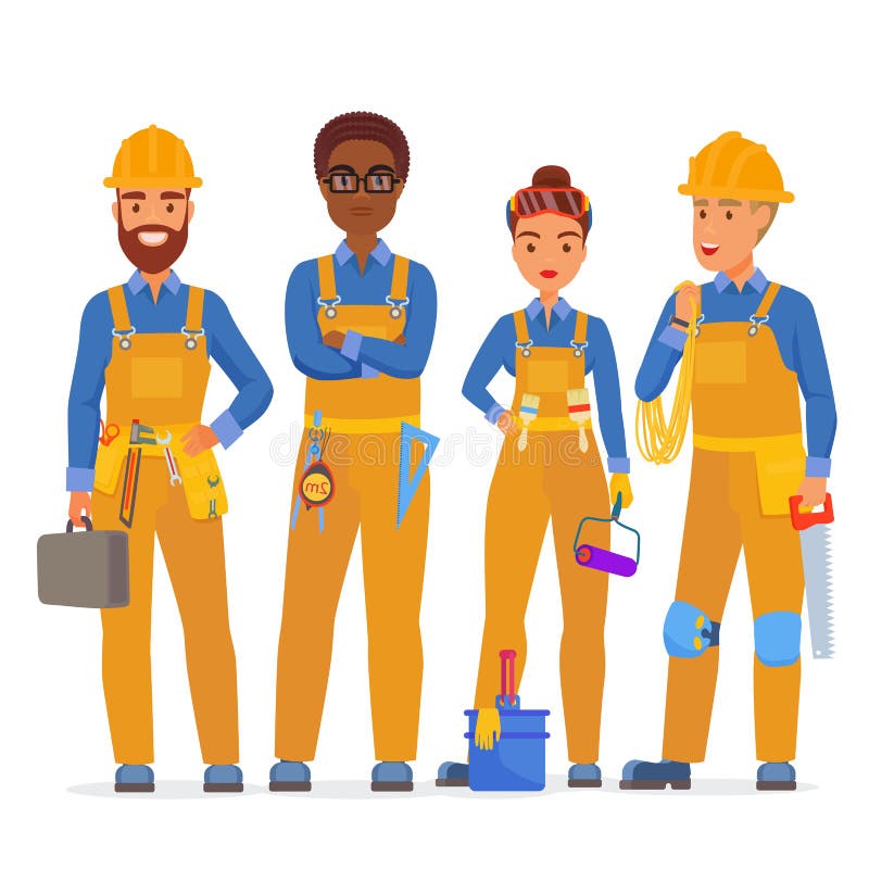 Professional Construction Workers Specialists Characters Team Friendly Workers In Workwear Uniiform Standing Together Stock Vector Illustration Of Equipment Communication 118866205