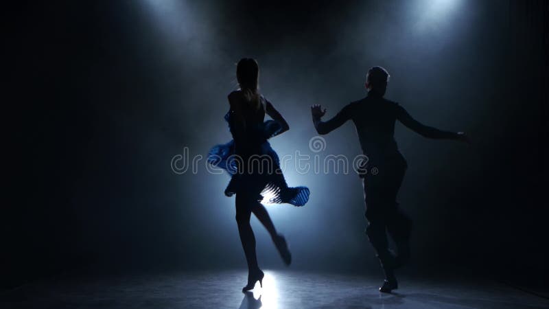 Professional couple of ballroom dancers posing in smoky studio, silhouette