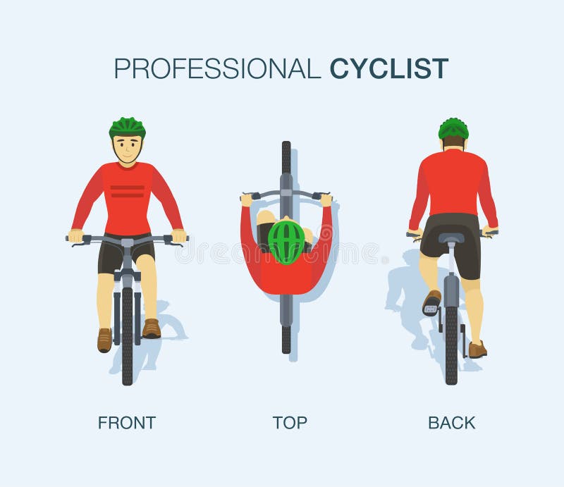 Professional cyclist. Front, back and top view of bicycle.