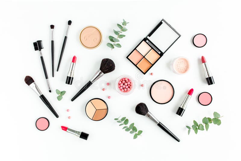 Professional Decorative Cosmetics, Makeup Tools Brushes on White  Background. Flat Composition Beauty, Fashion Stock Image - Image of office,  beauty: 196539993