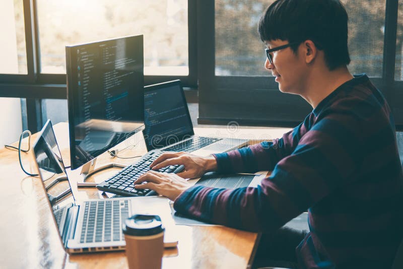 Professional Development programmer working in programming website a software and coding technology, writing codes and data code royalty free stock images