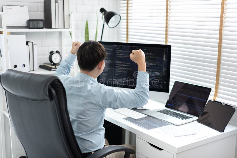 Professional development programmers are delighted with their successful and popular website programming work royalty free stock photography