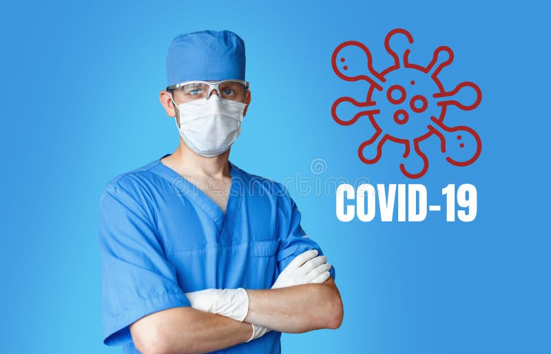 Professional Doctor Wearing Medical Mask and Gloves with the inscription COVID-19 and red coronavirus on a blue background. royalty free stock image Professional Doctor Wearing Medical Mask and Gloves with the inscription COVID-19 and red coronavirus on a blue background. royalty free stock image
