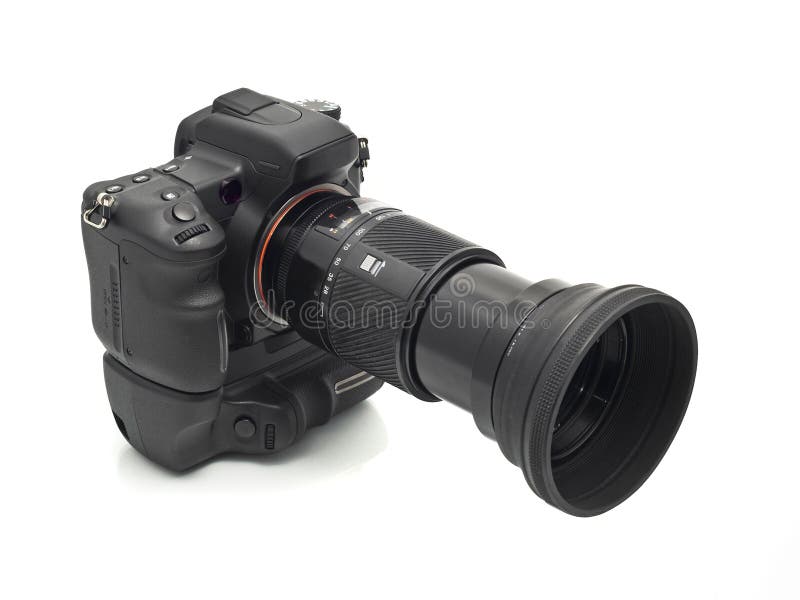 Professional DSLR camera with telephoto lens