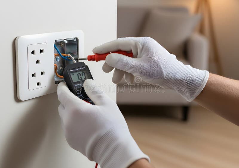 A professional electrician wearing protective gloves uses a multimeter to test the voltage of a wall socket, symbolizing electrical safety inspection and home repair service. Home electrician stock images, royalty-free photos and pictures