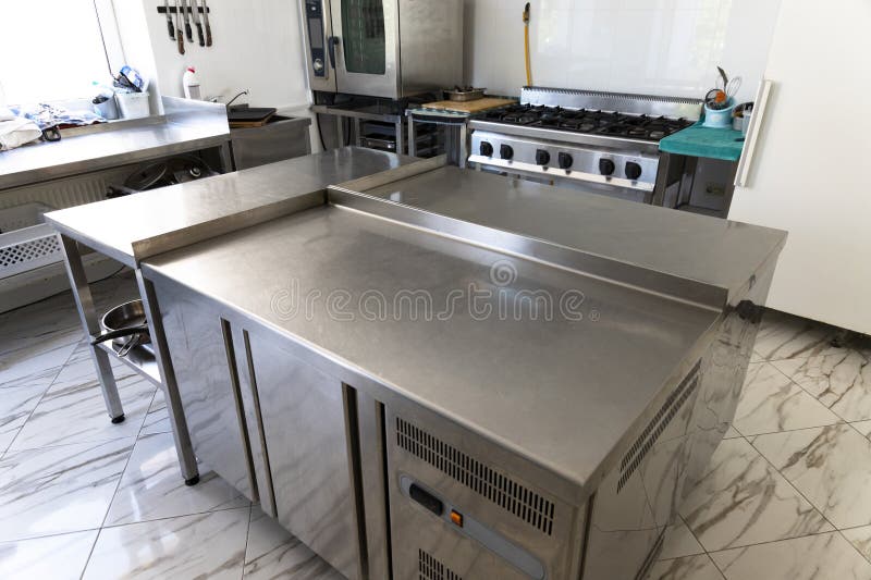 Professional Empty Kitchen, Table, Stove, Cafe, Bar, Restaurant Stock