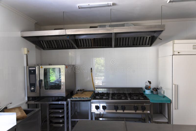 Professional Empty Kitchen, Table, Stove, Cafe, Bar, Restaurant Stock