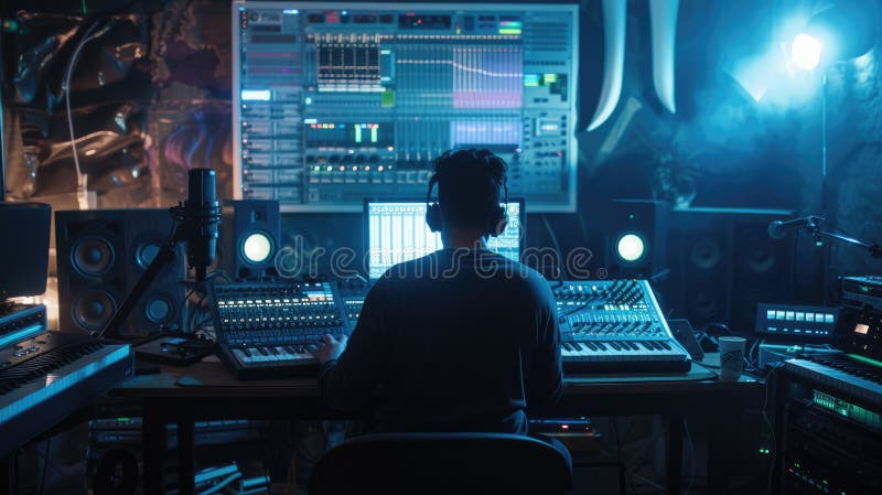 Muzician profesionist energic care înregistrează muzică în timp ce joacă tastatură. aig42. stock images