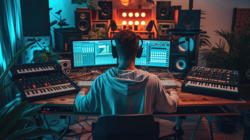 Muzician profesionist energic care înregistrează muzică în timp ce joacă tastatură. aig42. royalty free stock photo