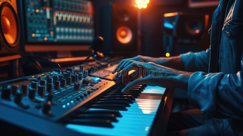 Muzician profesionist energic care înregistrează muzică în timp ce joacă tastatură. aig42. royalty free stock photos