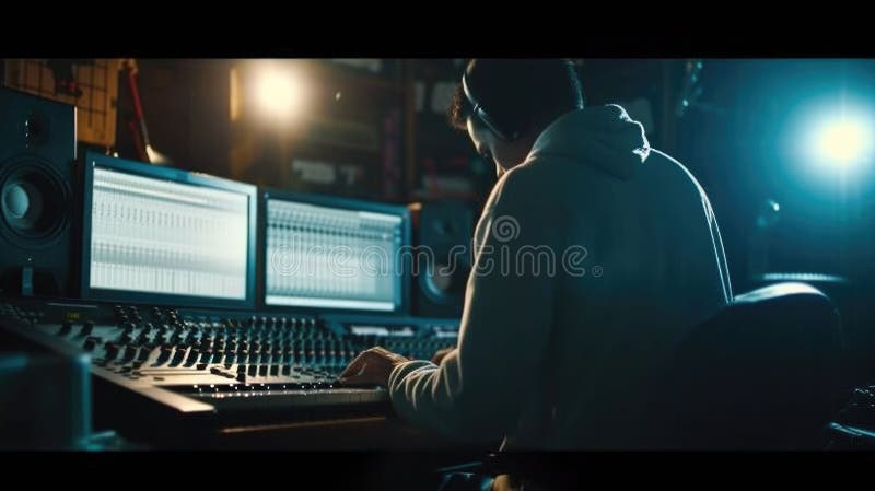 Muzician profesionist energic care înregistrează muzică în timp ce joacă tastatură. aig42. royalty free stock images