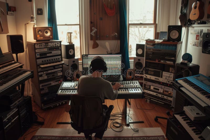 Muzician profesionist energic care înregistrează muzică în timp ce joacă tastatură. aig42. stock photography