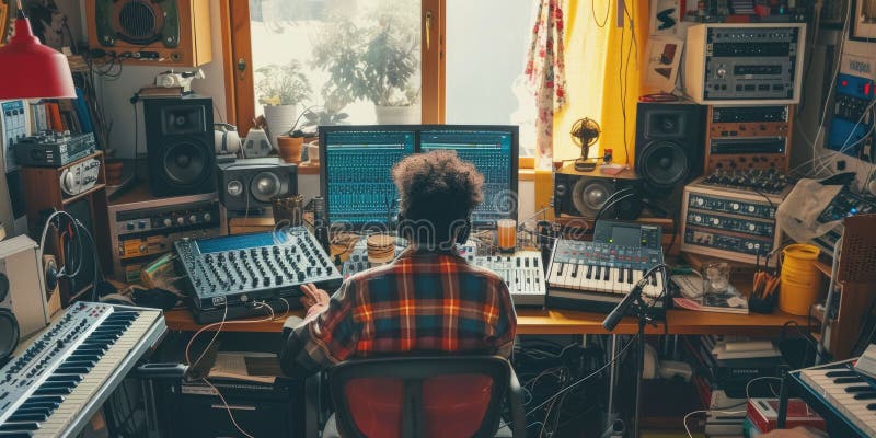 Muzician profesionist energic care înregistrează muzică în timp ce joacă tastatură. aig42. stock images