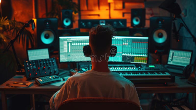 Muzician profesionist energic care înregistrează muzică în timp ce joacă tastatură. aig42. royalty free stock photos
