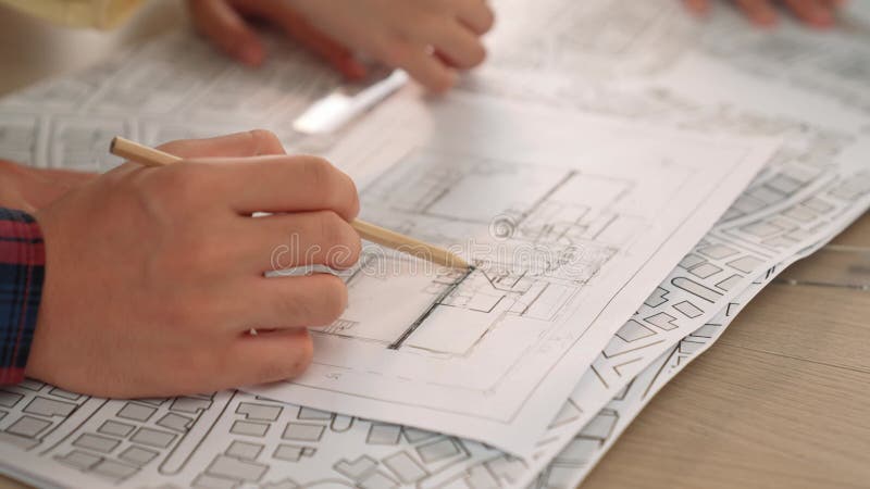 Professional engineer team discussion about house design. Closeup. Delineation. stock video footage