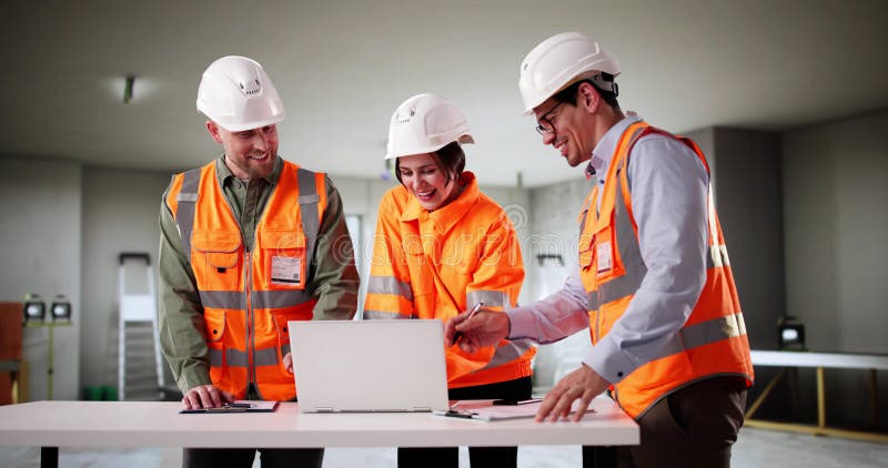 Professional Engineers Examine House Blueprint With Young Couple Looking On royalty free stock photo