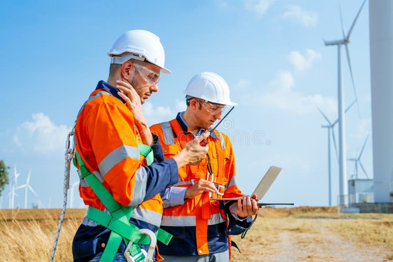 Professional Engineers Technicians Working at Wind Turbine Farm Field Stock Photo Image of