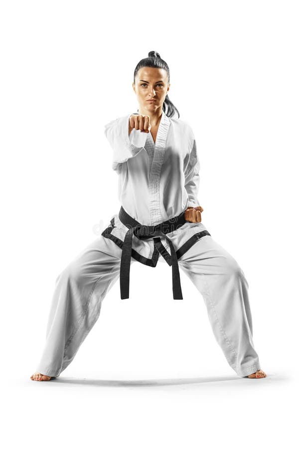 Professional Female Karate Fighter Isolated on the White Background