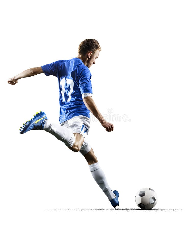 Professional football soccer player in action isolated white background stock photo Professional football soccer player in action isolated white background stock photo