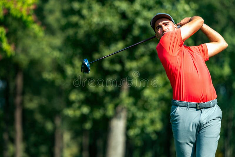Professional Golfer in a Swing Using a Driver Golf Club Stock Photo