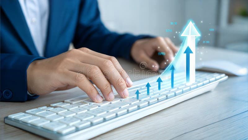 Digital growth concept with 3D arrow emerging from keyboard. Professional hand in blue suit interacting with futuristic UI. vector illustration