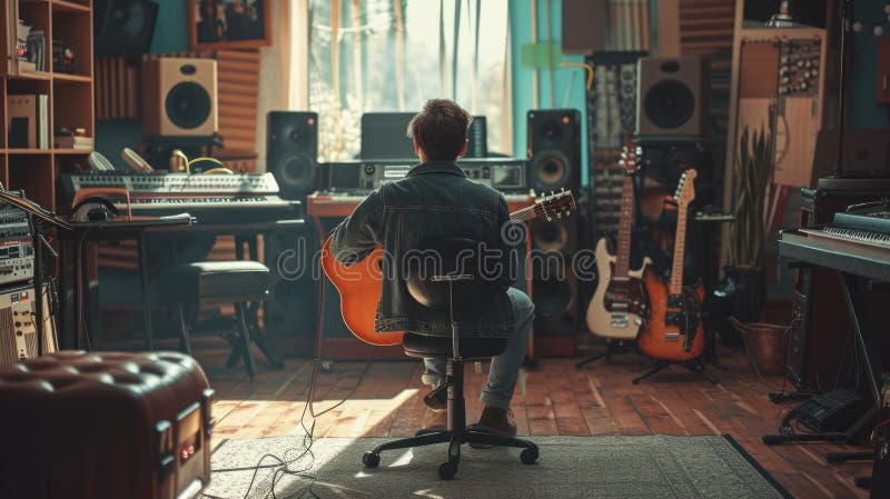 Muzician profesionist fericit care înregistrează muzică în timp ce se gândește la rimă. aig42. stock illustration