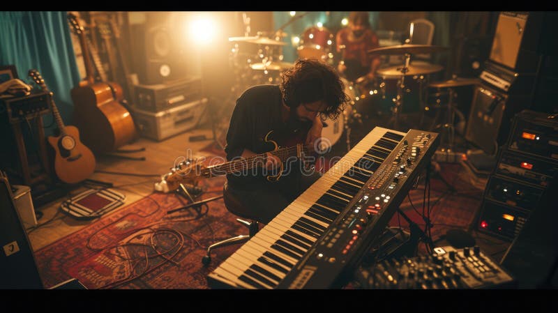 Muzician profesionist fericit care înregistrează muzică în timp ce se gândește la rimă. aig42. royalty free stock photos