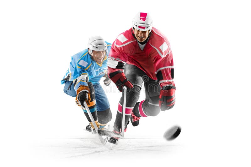 Professional hockey players in action Isolated on white background stock images