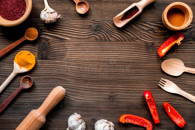 Professional Kitchen with Spices for Cook on Wooden Background Top View ...