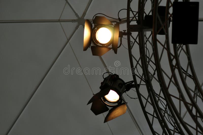 Professional Lighting Equipment Near Ceiling of Theater Stage. Stock