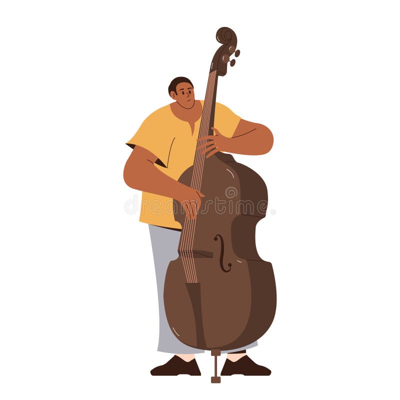 Professional male double bass player performing with big string instrument vector illustration stock illustration