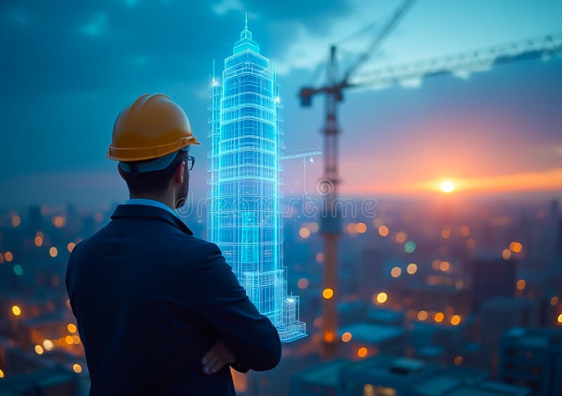 Professional Managers Visualize Building Projects with Hologram Technology at Construction Sites at Sunset